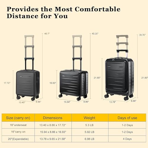 CENSIEN 16 Inch Underseat Carry On Luggage Airline Approved, Expandable Lightweight ABS+PC Hard Shell Suitcases with 360° Spinner Wheels, TSA Lock, YKK Zipper, for Business Weekender (Black, 1 PC) - color: Black, size: Underseat - 16 Inch - EXT