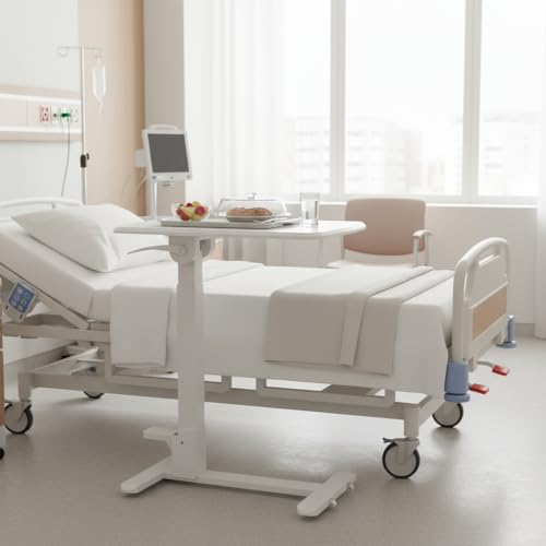 Mount-It! Overbed Table with Wheels, Folding Adjustable Height White | Foldable Bedside Tray Table on Wheels, No-Assembly Over Bed Laptop Desk, Folds Flat for Storage, Ultra-Low Base - color: White