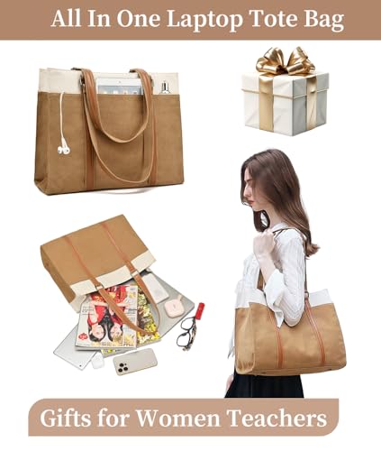 Laptop Tote Bag for Women 15.6 Inch, Large Work Bag with 10 Pockets - color: Brown