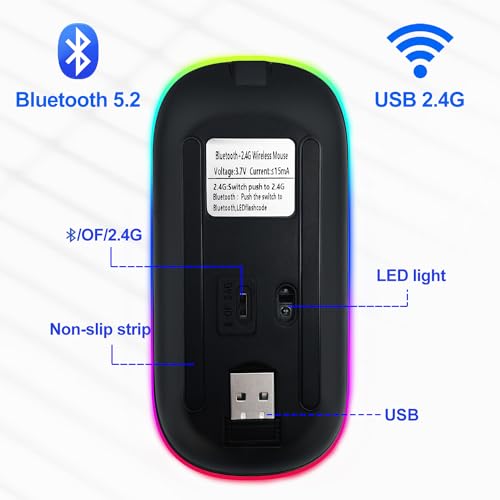 Wireless Bluetooth Mouse for iPad/MacBook Pro/Air/Laptop/pc Rechargeable Silent Mouse Portable Slim for Surface Pro/Lenovo/Samsung Tablet (LED/Black) - color: LED / Black