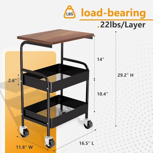 Rolling Cart with Wooden Tabletop, 3 Tier Metal Utility Cart, Rolling Storage Organizer Cart with Lockable Wheels for Kitchen, Office, Bedroom (Black) - color: Black