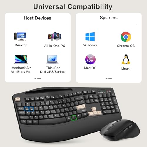 Wireless Keyboard and Mouse Combo, 2.4G Full Size Wave Keys Ergonomic Keyboard with Wrist Rest, Phone Holder, 3-Level DPI Wireless Silent Mouse with 6-Buttons, for Windows (Latte Black) - color: Latte Black
