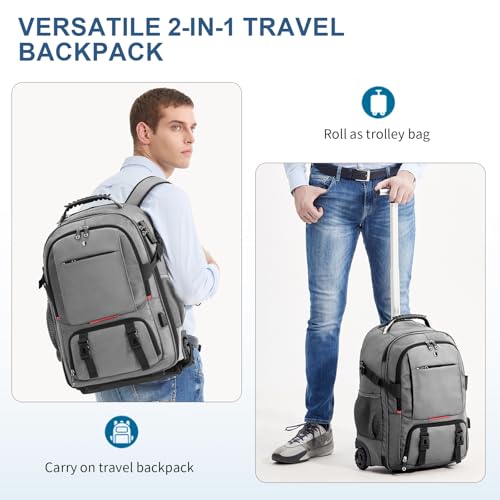 Backpack with wheels,rolling backpack with 2 Packing Cubes and compression bags,Laptop Compartment,Water Resistant Luggage suitcase,Air Travel,Weekend Trips (Grey) - color: Grey