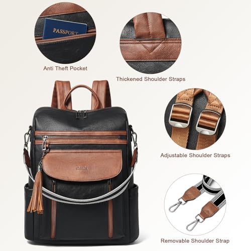 Laptop Backpack for Women 15.6 inch,Travel Leather Backpack Purse Nurse Teacher Carry on Backpack Computer Bag,Professional Water-Resistant College Business Work Casual Daypack,Black with Brown - color: Black With Brown