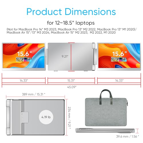 LXU 15.6" Laptop Screen Extender Monitor Portable | FHD 1080P, Triple Extended Monitor, Not compatible with MacOS M1, M2, M3, for 12~17.3" Laptops, Multitasking, Travel