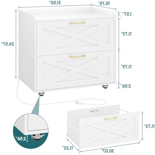 Halitaa Lateral File Cabinet with Charging Station, Large Mobile Storage Filing Cabinet for Letter/Legal/A4 Size Hanging Files, Rolling Printer Stand with 2 Drawers for Home Office, Simple White - color: Simple White
