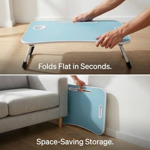 BUYIFY 23" Foldable Lap Desk for Laptop Writing w/Cup Holder Blue | Sturdy and Durable, Laptop Bed Desk with Tablet Slot, No Assembly, Space Saving for Bed Couch Dorm WFH Students - color: Blue