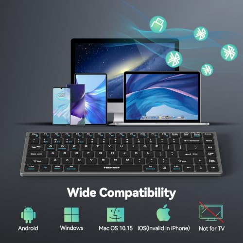 TECKNET Bluetooth Keyboard Rechargeable, 4-Device (2.4G+3BT) Wireless Keyboard, Ultra-Slim Quiet Typing, 14 Hotkeys Computer Keyboard for PC/Laptop/Tablet/iPad, Grayish-Black - color: Grey+Sliver