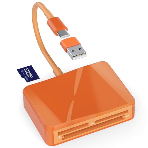 SD Card Reader, 4 in 1 USB C to SD/TF/CF/MS Card Reader with USB to USB C Adapter Memroy Card Reader for iPhone 17/16/15 Pro Max iPad Pro MacBook Pro/Air iMac M4/M3 Android Phone/Tablet PC (Orange) - color: Orange