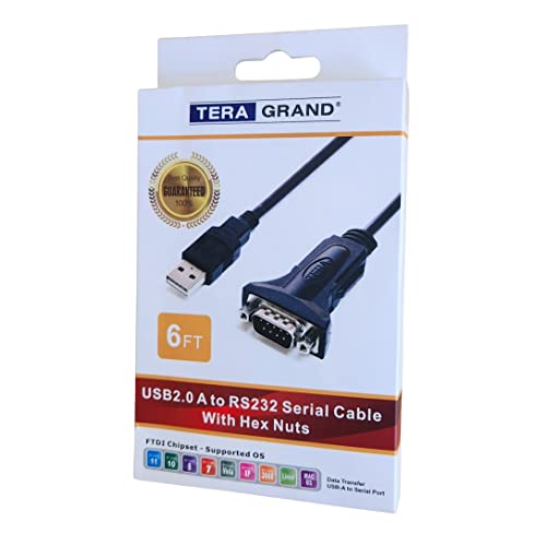 Tera Grand Premium USB 2.0 to RS232 Serial DB9 Adapter Cable 6 Ft - Supports Windows 11,10, 8, 7, Vista, XP, 2000, 98, Linux and Mac - Built with FTDI Chipset and Hex Jack Nuts - size: 6 ft, style: Hex Jack Nuts