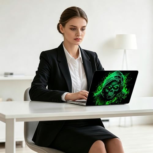 Universal Laptop Skin Decal, 3-Piece Vinyl Protector for 12 13 14 15.6" Notebook, Waterproof Anti-Scratch, Easy Trim & Bubble-Free Finish, Green Fire Skull in Hood - color: Green Fire Skull in Hood