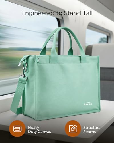 Canvas Tote Bag for Women With Zipper,14" Laptop Tote Bag for Work | Water Bottle Pocket,Padded Laptop Sleeve,Inner Key Leash,Premium Metal Hardware,Structured Canvas - color: Sage Breeze