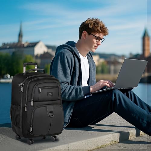 MATEIN Rolling Backpack with 4 Wheels, 17 inch Spinner Backpack for Men | Water Resisatnt Large Busines Travel Wheeled Bag, Airline Approved Roller Carry on Luggage Suitcase Bag, Black - color: Black, size: 17 inch