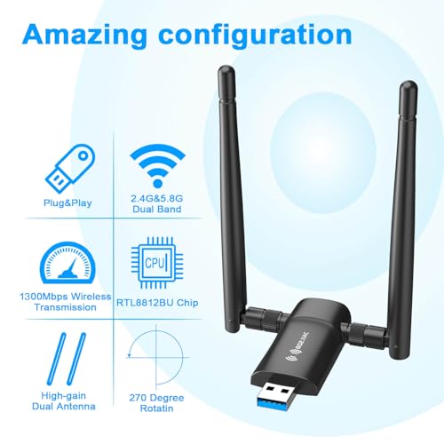 Nineplus Wireless USB WiFi Adapter for PC - 1300Mbps Dual 5Dbi Antennas 5G/2.4G WiFi Adapter for Desktop PC Laptop Windows11/10/7, Wireless Adapters for Desktop Computer Network Adapters