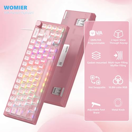 Womier 60% Percent Keyboard Pink Mechanical QMK/VIA Gaming Keyboard | Creamy Keyboard Topographic, Hot Swappable Gasket Mount RGB Wired Key board & Translucent Keycaps (VK66 PRO) - color: V-Pink1