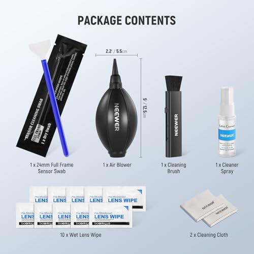 NEEWER 16 in 1 Camera Lens Cleaning Kit, Brush + Air Blower + Cleaning Swab for 24mm Full Frame Sensor + 1x Cleaner Spray + 2X Cloth + 10x Wet Lenses Wipe, HM-44