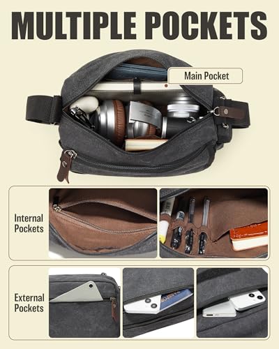 Messenger Bag for Men, Crossbody Bag Aesthetic, Water Resistant Unisex Classic Canvas Shoulder Bag - color: A1-black
