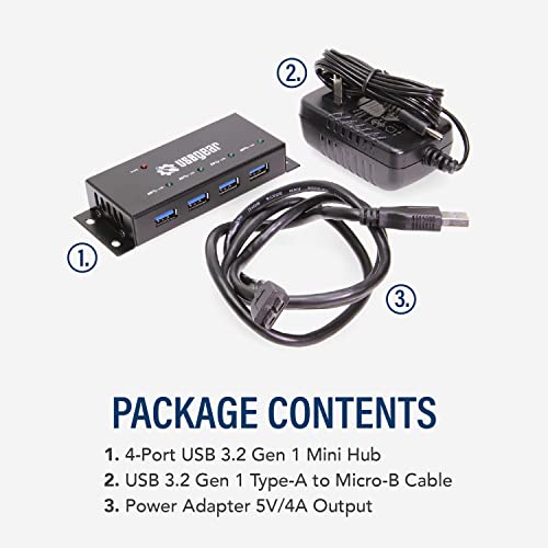USBGear Compact 4-Port USB Hub, USB 3.2 Gen 1 Data High-Power Hub w/Power Adapter, Port Status LEDs, 5 Gbps Data, Surface Mountable