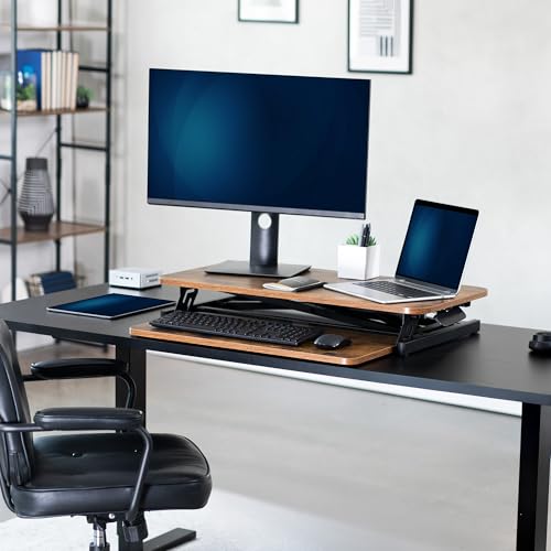 VIVO Rustic Vintage Brown 32 inch Stand Up Desk Riser, DESK-V000SN | Height Adjustable, Standing Desk Converter, Quick Sit to Stand, Tabletop Dual Monitor Riser Workstation, Minimal Assembly - color: Vintage Brown, size: 32"