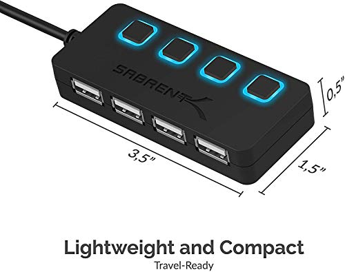 SABRENT 4-Port USB 2.0 Data Hub, LED Power Switches (HB-UMLS) | Individual LED-lit power switches; data only (charging not supported); for Mac & PC - size: USB-A 4-Port