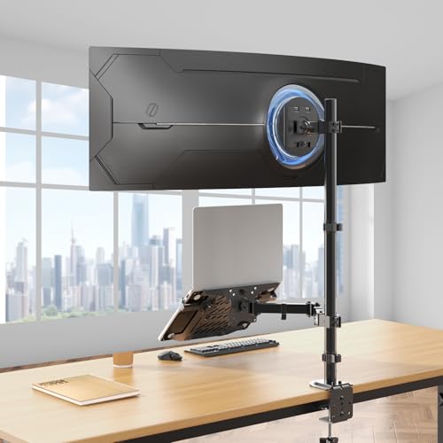 PUTORSEN Monitor and Laptop Mount Stand for Max 49" Screen and 18" Notebook | Fully Adjustable Monitor Arm, Vented Tray, Holds up to 44lbs, 2 Mounting Options