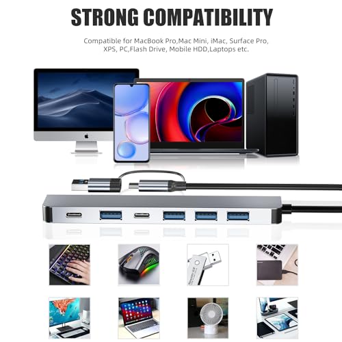 Aluminum 7 in 1 USB C/USB Hub, 2* USB C and 5* USB, USB 3.0 and USB 2.0 Ports, Ultra Slim Portable USB Splitter Adapter for Laptop, PS4, Flash Drive, HDD, Xbox, Printer, Mouse, Keyboard