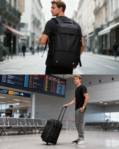 Vacuum Rolling Backpack with Integrated Pump, 60L Vacuum Backpack for Travel with Wheels, TSA Lock and Charging Port, Vacuum Compression Expandable Backpack for 17.3'' Laptop, Business & Long Trips