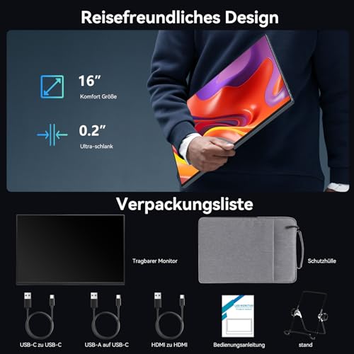16" Touchscreen Portable Monitor,1920x1200P IPS Travel Secondary Screen,USB-C HDMI Plug&Play w/Foldable Stand,Dual Extender for Laptop Mac Phone Switch PS5 Xbox Office Gaming - size: 16inch Touch