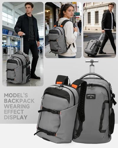 2-in-1 Detachable Rolling Backpack & Daypack, 56L Large Backpacks with Wheels Fits 17 Inch Laptop, Water Resistant, Carry On Luggage for College, Travel, Camping, Hiking Grey - color: Grey, style: Rolling Backpack