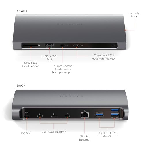 Satechi 11-in-1 Thunderbolt 4 Dock, 2X 4K/60Hz Displays, 3 USB-A 3.2 | 100W charging, 3 Thunderbolt, 3 USB-A 3.2, USB-A 2.0 ports, SD card reader, for MacBook Air/Pro, Mac, Windows