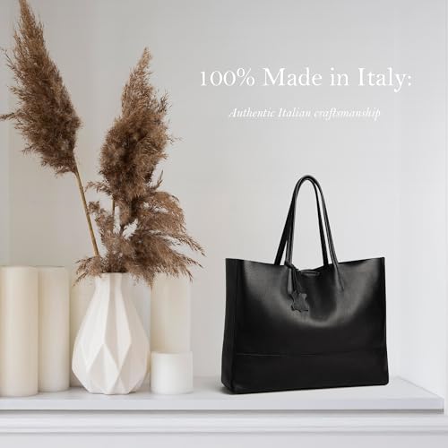 Italian Leather Tote Bag for Women - Large Shoulder Shopper, Fits 16” Laptop, Keychain Holder, Made in Italy - color: Black