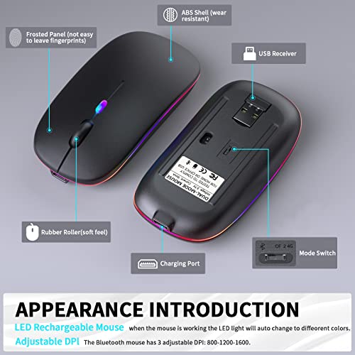 KANMABPC Wireless Bluetooth Mouse – Rechargeable, Silent, Dual Mode (Bluetooth 5.2 & USB) with LED Lights – Portable for Laptop, Desktop, & Tablet(Black) - color: Black