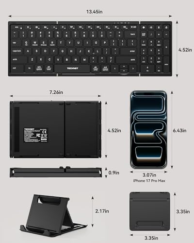 TECKNET Wireless Foldable Bluetooth Keyboard, Rechargeable Portable Keyboards for Travel with Number Pad, Full-Size Connect Up to 3 Devices for iPad Tablet Smartphone Laptop PC Windows iOS Android