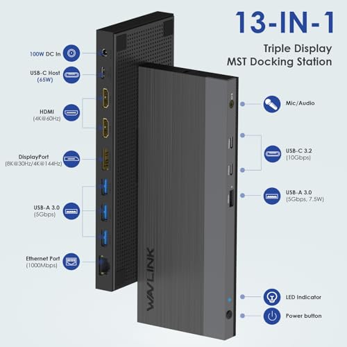 WAVLINK USB C Docking Station Dual Monitor Triple Display for Laptop | Windows OS, USB Type C Dock with 130W Power Adatpter - 2 HDMI, DisplayPort, 100W PD, Ethernet, 4 USB 3.0, 2 USB-C, Audio - color: UMD05M