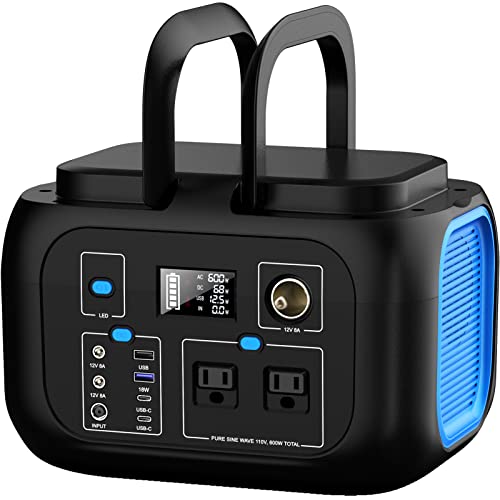 ENOFLO Portable Power Station 600W, 296Wh Lithium Battery Backup | ENOFLO Solar Generator 110V Pure Sine Wave Battery Power Pack with USB DC AC Outlet for Outdoor Emergency Use - color: Blue-Black