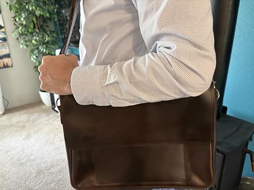 Full Grain Leather Briefcase for Men, Handcrafted Laptop Bag with Multiple Compartments,Fits 15.6 Inch Laptop - color: Dark Brown