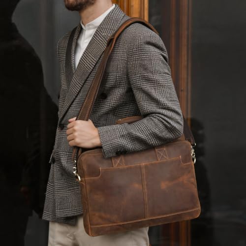 Leather Briefcase Laptop for Men, 16 Inch | Vintage Leather, YKK zipper - color: Brown-1
