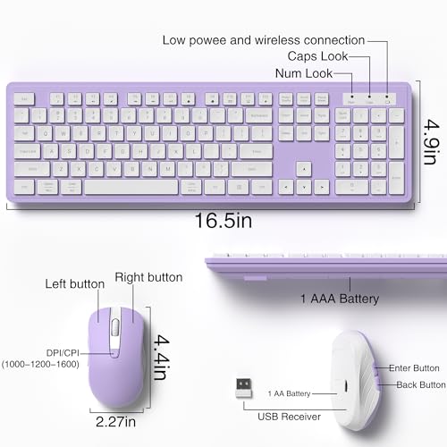 MPTOG Wireless Keyboard and Mouse Combo, Full-Size 104-Key Office Keyboard with 15 Function Keys, Numeric Keypad, Single USB Receiver, Compatible with PC and Laptop(Purple White) - color: Purple White