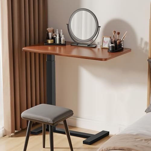 Adjustable Overbed Bedside Table with Wheels, Rolling Laptop Table, Pneumatic Adjustable Hospital & Home Use Bed Table, Mobile Standing Desk, Brown - color: Brown, style: Non-Tiltable