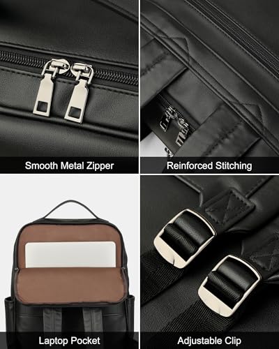 MASINTOR 15.6 inch PU Leather Laptop Backpack Purse for Women | College Laptop Backpack, Spacious Main Compartment, Luggage Strap & Padded Sleeve, Ideal for Campus, Commute & Travel - color: Black