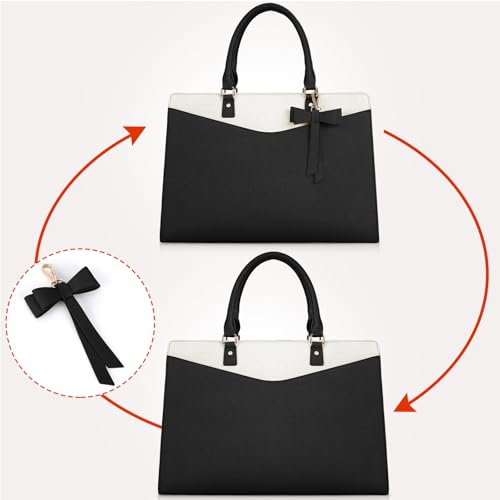 RAINSMORE Laptop Bag for Women 15.6 Inch PU Leather Laptop Tote Professional Business Office Work Bag Waterproof Briefcase Computer Tote Bag Large Lightweight Handbag Shoulder Bag - color: Black and Beige