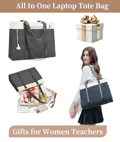 Laptop Tote Bag for Women 15.6 Inch, Large Work Bag with 10 Pockets - color: Black