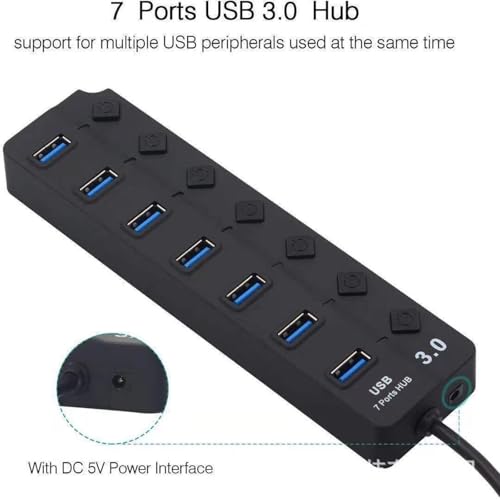 7-Port USB 3.0 USB-Hub with Individual On/Off Switches, High Speed USB Splitter, for Laptop PC Computer and USB Peripherals