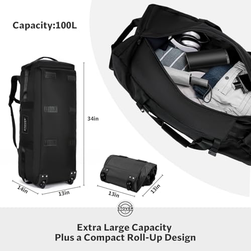 45/80/100L Rolling Duffel Bag with Wheels, X-Large Durable Travel Duffle + Toiletry Bag, Heavy Duty, Packable with Shoulder Straps- Use as Luggage or Backpack, Men/Women (Black) - color: Black