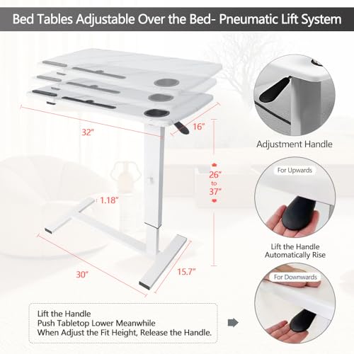 BeGyoku Overbed Table,Hospital Bed Table,Pneumatic Bedside Table Adjustable Over The Bed with Hidden Wheels&USB,Mobile Laptop Cart&Rolling Tray Table Hospital Home Use-White1 - color: White1-32" L X 16" W