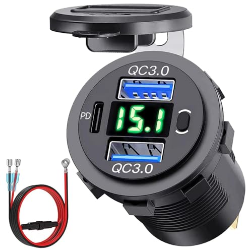 72W Dual USB Quick Charge 3.0 & PD USB C Car Charger Socket, 12V/24V USB Outlet with LED Voltmeter, Power Switch, 4X Faster Charging, Multi-Protection, Universal for Car, Boat, Truck & RV(Green) - color: green