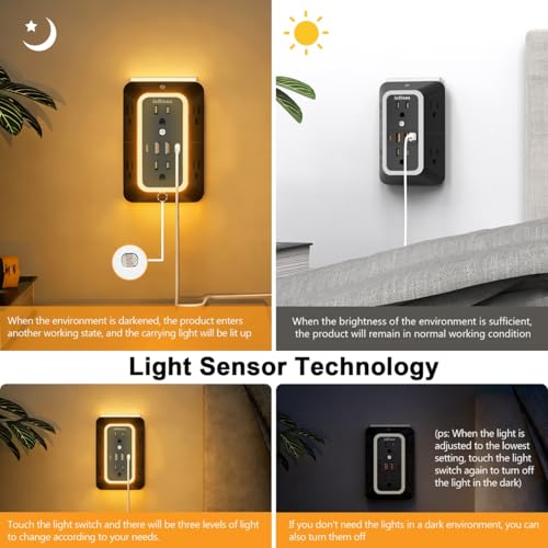 Wall Outlet Extender with Night Light, Power Plug Adapter 6 Outlet Extender with 4 USB Charging Ports(2 USB C),1050J Power Strip Multi Plug Adapter Spaced for Home Office Travel-Black-ETL - color: Black-1Pcs