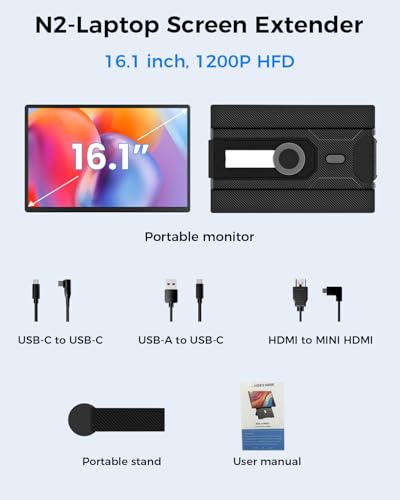 Cevaton Laptop Screen Extender, 16.1" FHD 1200P Portable Monitor for Laptop with Magnetic Detachable Stand, 360° Rotatable Borderless Screen, Plug & Play, Compatible with Windows Mac - size: 16" Screen