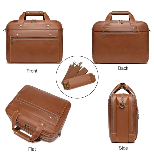 Bosidu Leather Briefcases for Men 15.6 Inch Laptop Messenger Bag with Triple Compartments Water-Resistant Computer Shoulder Bag for Business, Travel, Work, Office, Coffee - color: Coffee