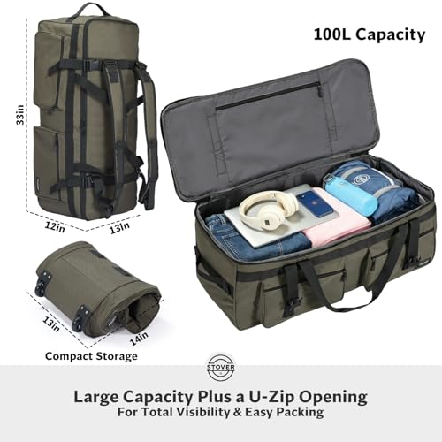 45/80/100L U-Zip Rolling Duffel Bag with Wheels, X-Large Durable Travel Duffle + Toiletry Bag, Lay-Flat Opening, Packable w/Shoulder Straps- Use as Luggage or Backpack, Men/Women (Green) - color: U-Zip Green
